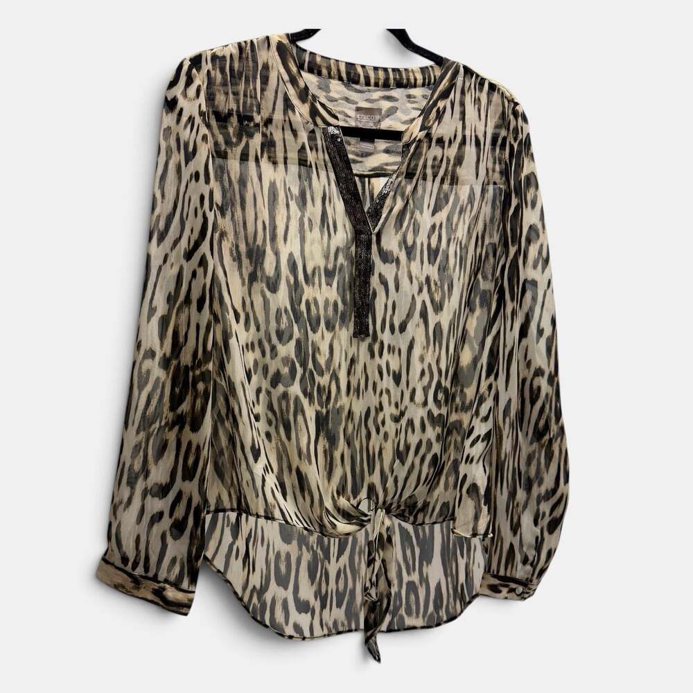 Chicos Leopard Blouse Size 2 US L Animal Print Sequin Tie Front Sheer Tunic Top